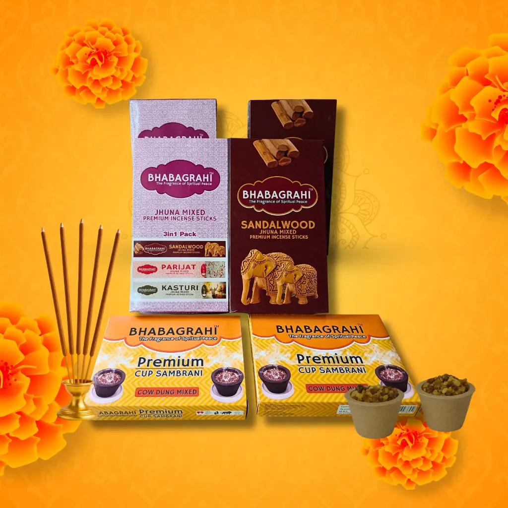 Bhabagrahi Premium Fragrance Combo Includes incense sticks in Sandalwood, Parijat & Kasturi, plus Premium Cow Dung Mixed Cup Sambrani. Perfect for puja, meditation & home fragrance.