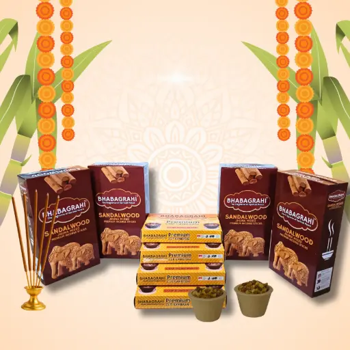 Bhabagrahi Combo Pack – Includes 4 Sandalwood Incense Stick boxes and 4 Premium Sambrani Cup. Perfect for pooja, meditation, and spiritual ambience